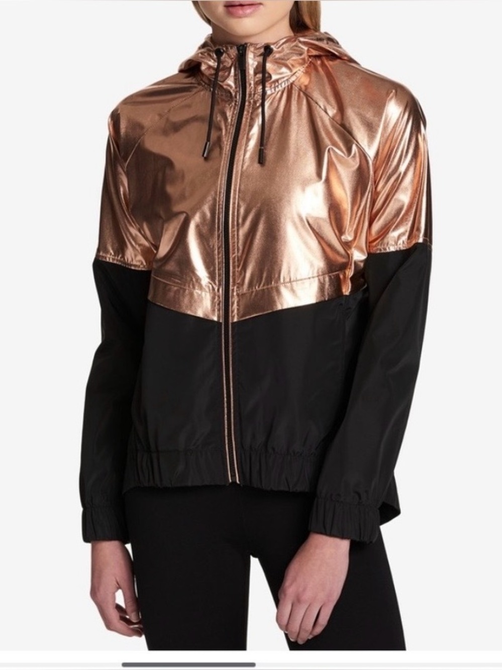 DKNY Metallic Rose Gold and Black Hooded Bomber Jacket